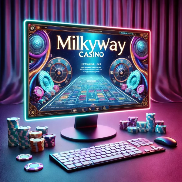 DALL·E 2024-08-17 09.24.56 - A computer screen displaying the MilkyWay Casino interface with a sleek, futuristic font. The screen is shown fully with a vibrant #FF6E00 background